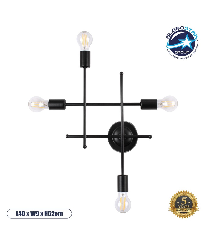 GLOBOSTAR® PIPING 00661 Vintage Φωτιστικό Τοίχου - Απλίκα με Ντουί 4 x E27 AC 220-240V IP20 - Μαύρο - Μ40 x Π9 x Υ52cm